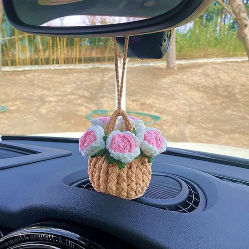 Miniatura 10 de Colgante de cactus de ganchillo para espejo retrovisor de automóvil, plantas peludas, adorno colgante para decoración del interior del automóvil
