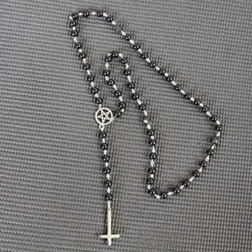 Joyería de moda - Rosario turco hip hop colgantes, rosario satánico, cruz invertida y pentagrama gótico rosario gótico, collar oculto (A2)