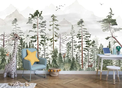 Miniatura 4 de Reyhui - Mural de pared de animales, bosques, pájaros y paisajes naturales, papel pintado de montañas brumosas para decoración de fondo de pared
