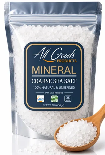 All Goods - Sal marina mineral – 16 onzas de grano grueso, 100% natural, cosechada a mano, rica en más de 90 minerales esenciales, 30% menos de