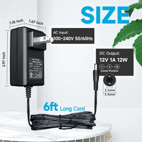 Miniatura 6 de Adaptador de corriente de 12 V 1 A, 6 pies, adaptador de CA a CC, cable de fuente de alimentación regulado de 1000 mA 12 W para tiras de luces LED
