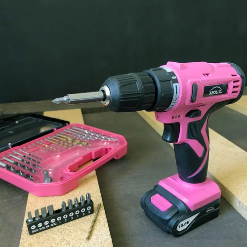 Miniatura 9 de Apollo Tools Potente taladro inalámbrico ligero, batería de iones de litio de 10.8 con juego de brocas de accesorios de 30 piezas, cinta rosa, rosa