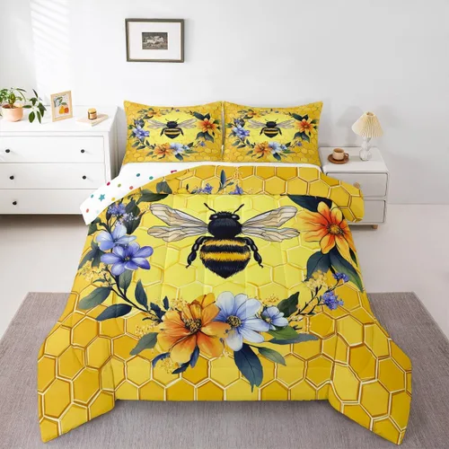 Miniatura 8 de Erosebridal Honey Bee - Juego de edredón tamaño individual, color negro y dorado, juego de edredón de animales lindos con diseño geométrico de panal