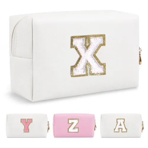 Miniatura 267 de Pequeña bolsa de maquillaje personalizada con inicial A-Z Preppy Patch, bolsa de cosméticos de viaje de felpilla blanca con cremallera, bonita bolsa