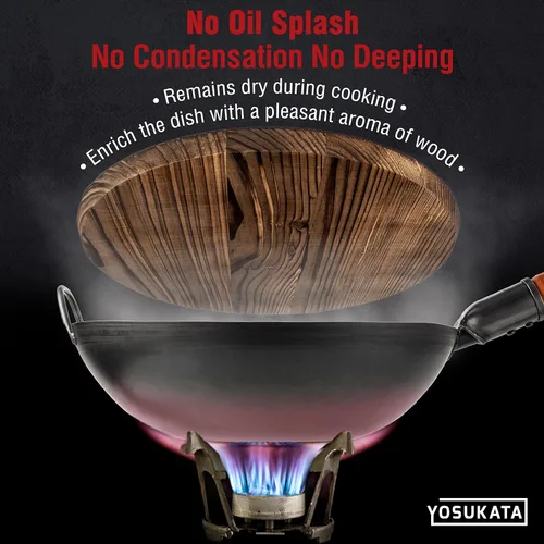 Miniatura 6 de YOSUKATA Sartén Wok de acero al carbono – Sartenes de 13,5 pulgadas con fondo plano + cubierta de wok de primera calidad con tapa de sartén de 13.5