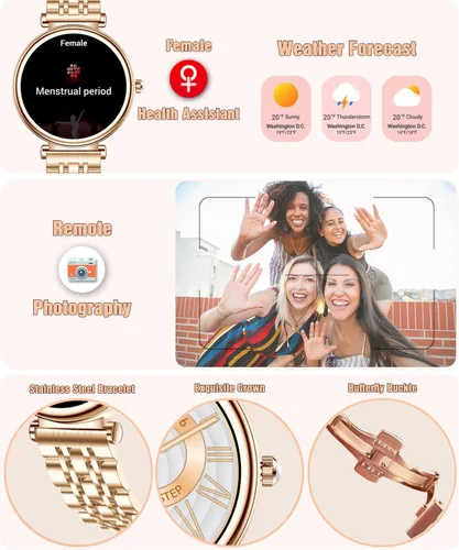Miniatura 6 de Reloj para mujer, pantalla AMOLED HD de 1.25 pulgadas, reloj inteligente para mujer, rastreador de actividad física con monitor de frecuencia Dorado
