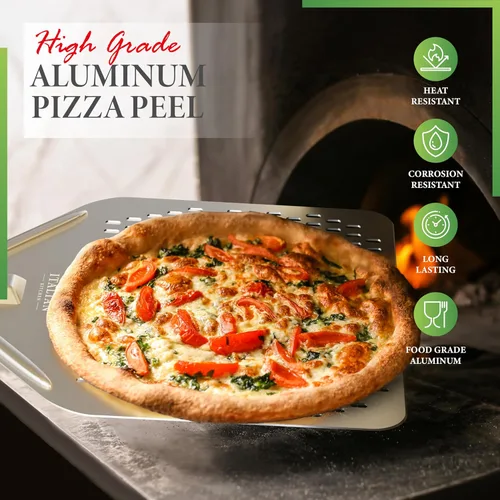 Miniatura 3 de The Italian Kitchen - Pala perforada para pizza, pala profesional de metal de 13 x 16.7 pulgadas, 27.3 pulgadas en total, funciona con todos