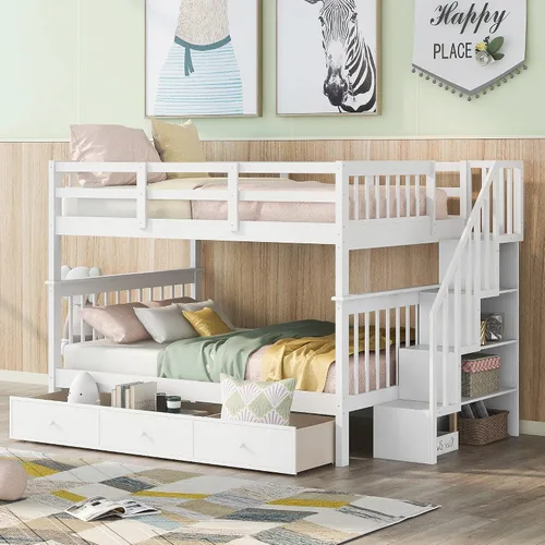 Miniatura 13 de Literas para niños con escalera, literas de madera maciza con barandilla completa