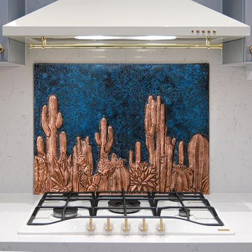 Protector contra salpicaduras de cocina, salpicadero de cobre con símbolo del suroeste, panel de cobre personalizado, azulejos de cobre hechos a