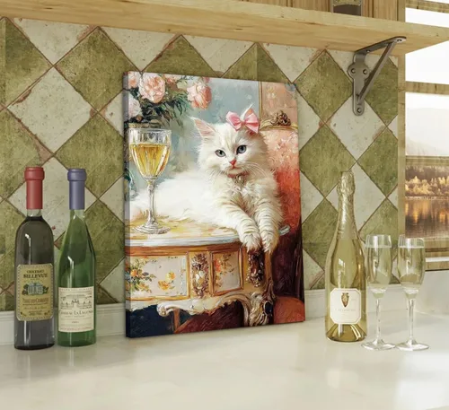 Miniatura 4 de Elegante lienzo vintage para pared, diseño de gato blanco caprichoso, divertido y retro, cuadro de carrito de bar, pintura ecléctica de animales