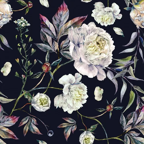 WESTICK Papel tapiz floral negro para despegar y pegar, peonías blancas, papel de contacto floral vintage para paredes, elegante papel tapiz de