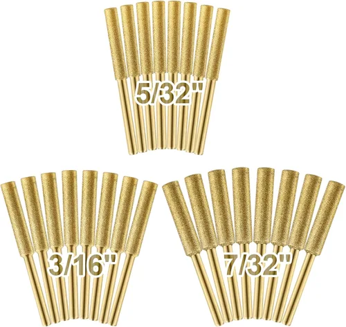 Miniatura 9 de 18 puntas de afilador de motosierra chapadas en titanio de alta dureza para cadena, incluyendo 5/32 pulgadas x 6, 3/16 pulgadas x 6, 7/32 pulgadas x