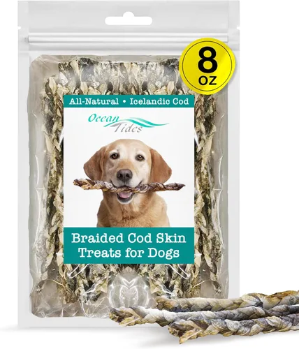 Ocean Tides Pieles trenzadas de bacalao islandés de 8 onzas para perros y gatos – Un solo ingrediente, piel de pescado capturada en la naturaleza