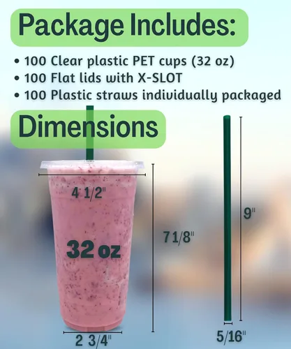 Miniatura 2 de [100 juegos] Vasos de plástico transparente de 32 onzas con tapas y popotes, vasos desechables para bebidas frías, café helado, malteadas, batidos