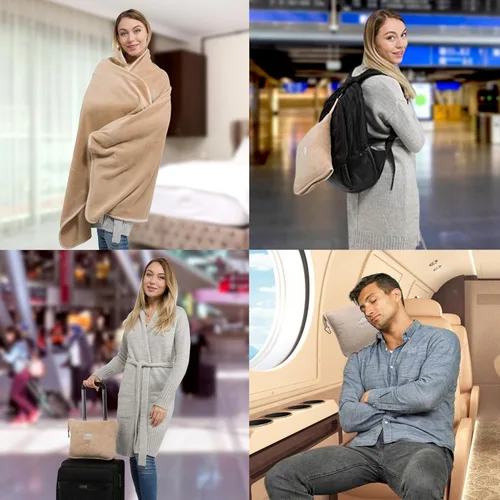 Miniatura 3 de BlueHills - Manta y almohada premium suave y alta para viajes en avión, esenciales para vuelos largos, manta larga para llevar en la bolsa con clip