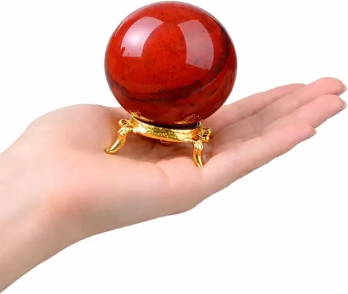 Crocon Bola esférica de piedra de jaspe rojo de 2.165 in con soporte de metal, más de 1400 quilates, esfera de curación, escultura para adivinación