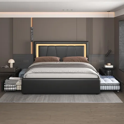Miniatura 9 de Benevika Marco de Cama Queen con 4 Cajones de Almacenamiento y Cabecera Ajustable, Cama de Plataforma Tapizada con LED con Puertos Tipo C y USB