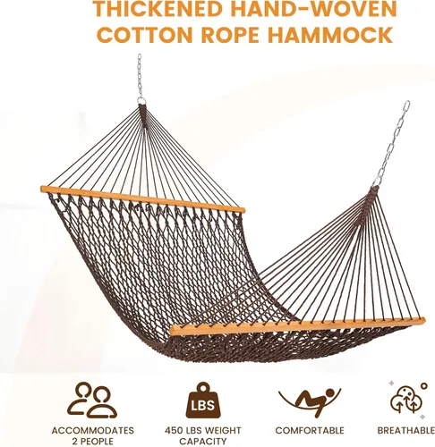 Miniatura 2 de Lazy Daze Hammocks Hamaca de Cuerda Doble, Hamaca Tradicional de Cuerda de Algodón Tejida a Mano para 2 Personas al Aire Libre con Barra Separadora