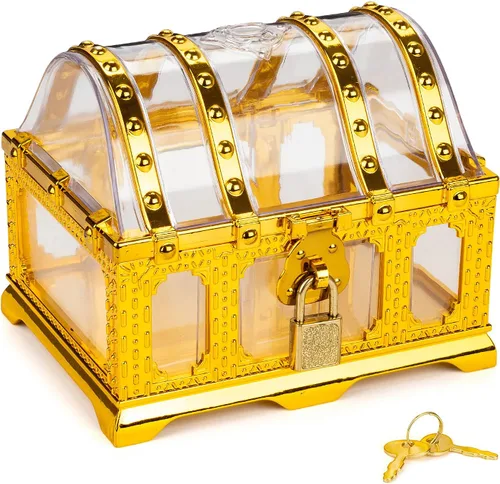 Cofre del tesoro pirata para niños, cofre de pirata dorado transparente decorativo con cerradura y llave
