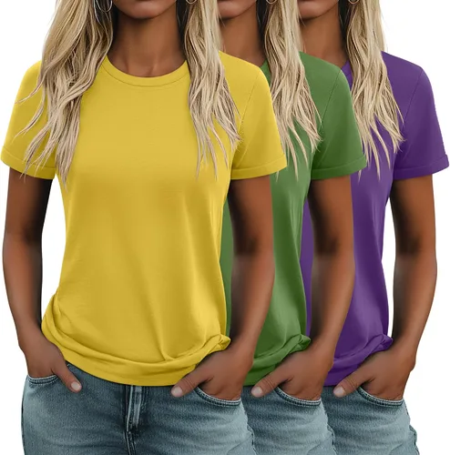 Miniatura 43 de Huukeay Paquete de 3 camisetas de algodón para mujer, estilo casual, de manga corta, cuello redondo, ajuste holgado, básica, lisa