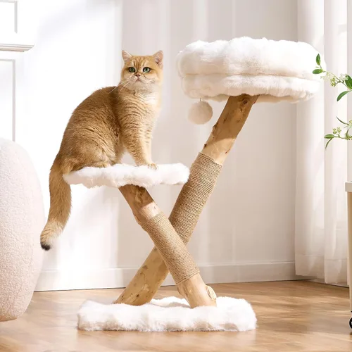Miniatura 14 de Árbol para gatos de madera natural para gatos adultos de interior, torre de gatos moderna de 33 pulgadas con cama de felpa súper suave y percha