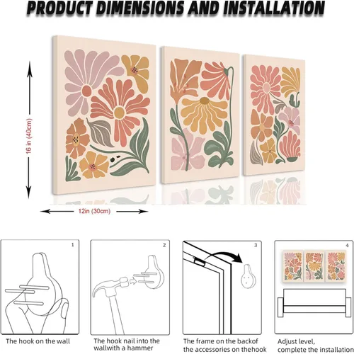 Miniatura 6 de TBKHUDBI Lienzo de flores bohemias para pared, impresiones florales abstractas, juego de 3 pósteres minimalistas de pintura botánica, mercado