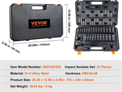 Miniatura 7 de VEVOR Juego de llaves de impacto de 1/2 pulgada, 33 piezas SAE (3/8 a 1 pulgada) y tamaño métrico (10 a 0.945 in), CR-V, juego de llaves profundas