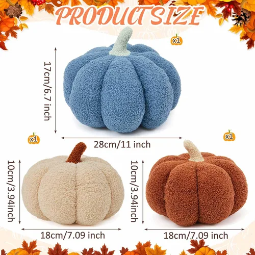 Miniatura 2 de Juexica 3 almohadas de calabaza de peluche esponjosas en 3D con forma de calabaza decoración de otoño, Acción de Gracias, Halloween, cojín de marrón