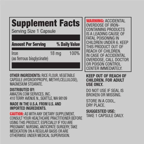 Miniatura 6 de Amazon Elements Vitamina B12 Metilcobalamina 5000 mcg Pastillas con sabor a bayas y cápsulas Amazon Elements Iron de 18 mg