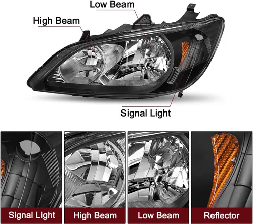 Miniatura 4 de JSBOYAT Conjunto de faros delanteros de repuesto con bombillas para Honda Civic 2/4 puertas 2004-2005, carcasa negra, reflector ámbar