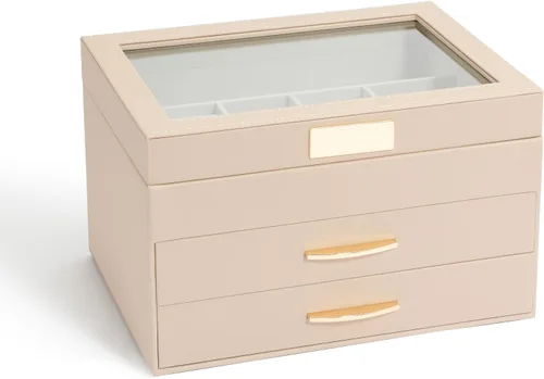 V-LAFUYLIFE Organizador de joyas, caja de joyería de cuero de 3 niveles con 2 cajones, joyero para mujeres y niñas, caja de joyería de gran