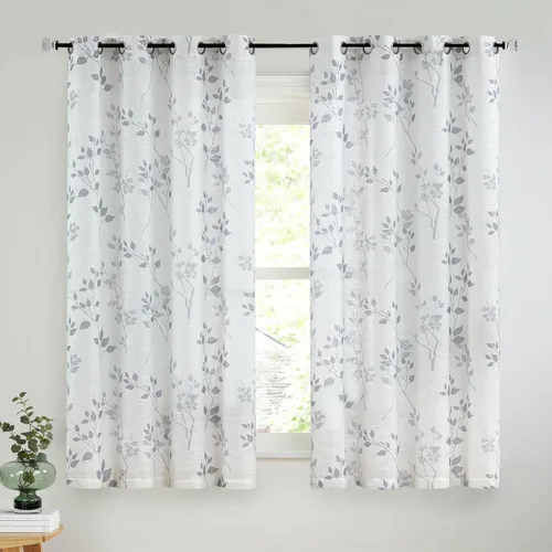 Miniatura 23 de Beauoop 2 paneles de cortinas semitraslúcidas de lino floral de 54 pulgadas de largo, para sala de estar o dormitorio, cortinas rústicas con textura