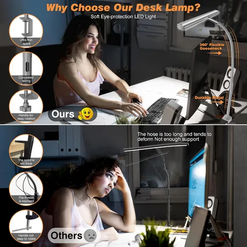 Miniatura 4 de Airlonv Lámpara de escritorio LED para oficina y hogar, luz de escritorio que cuida los ojos con atenuación continua, cuello de cisne flexible Gris