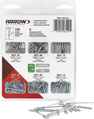 Arrow RK6120 - Kit surtido de remaches para metal, tela, cuero y reparación de automóviles, aluminio y acero, 18 pulgadas, paquete de 120 unidades
