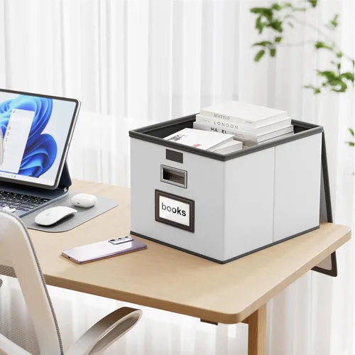 Miniatura 2 de Caja Organizadora de Archivos con Tapa, Caja Organizadora Plegable de Cuero Sintético para Carpetas Colgantes con Rieles de Plástico, Cajas (cuero)