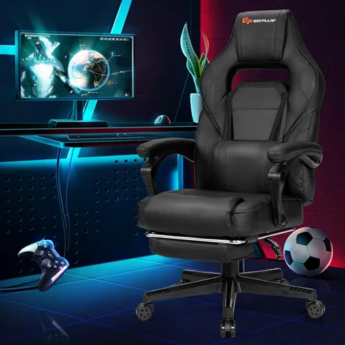 Miniatura 8 de Goplus Silla de masaje para juegos, respaldo reclinable, ajuste de altura del asiento, silla de oficina para computadora de carreras con reposapiés