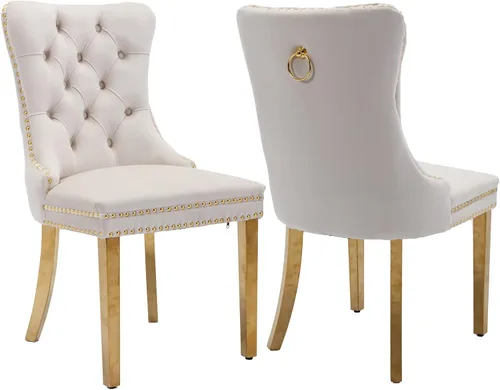 Miniatura 53 de Shenyon Juego de 2 Sillas de Comedor de Terciopelo Gris, Sillas de Comedor Tapizadas con Ribete de Anilla Trasera y Patas de Madera Maciza, Sillas