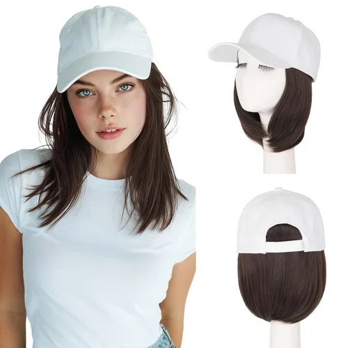 Miniatura 13 de S-noilite Peluca de gorra de béisbol de 6 pulgadas con peinado Bob y extensiones de cabello, gorra de béisbol recta ajustable para mujer