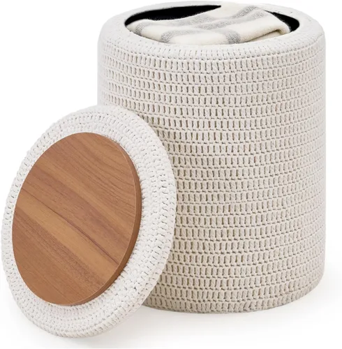 Miniatura 8 de Wimarsbon Puf otomano, taburete bohemio de punto 100% algodón, reposapiés redondo con patas de madera antideslizantes, decoración del hogar, puf