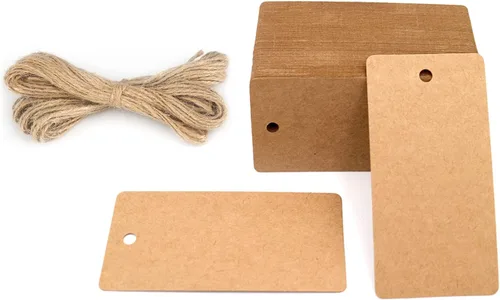 G2PLUS 100 etiquetas de regalo de papel kraft con cuerda, etiquetas marrones en blanco de 3.5 x 1.7 pulgadas con cordel de yute etiquetas MARRÓN-100