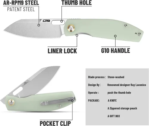 Miniatura 4 de CJRB - Cuchillo EDC de bolsillo, Ekko (J1929), pequeño cuchillo plegable AR-RPM9 hoja de acero y verde natural G10 al aire libre para hombres