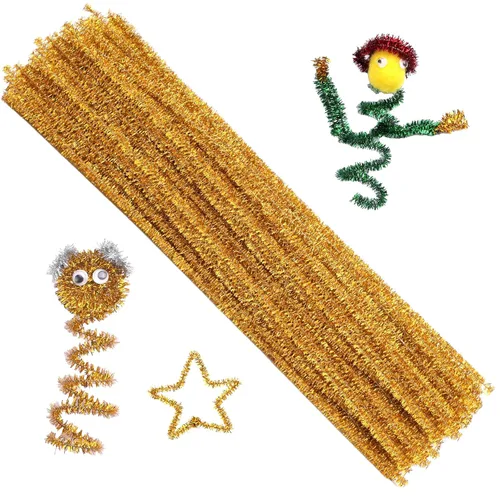 Juego de 100 limpiadores de tuberías de chenilla, con purpurina dorada para limpiapipas, manualidades, manualidades, decoración, tallos de felpilla
