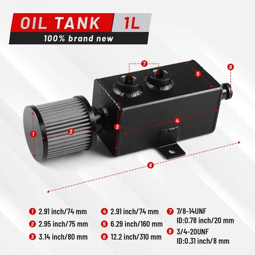 Miniatura 2 de Tanque de Captura de Aceite Universal de 1L con Deflector 10AN, Filtro de Respiración, Depósito de Aluminio en Negro