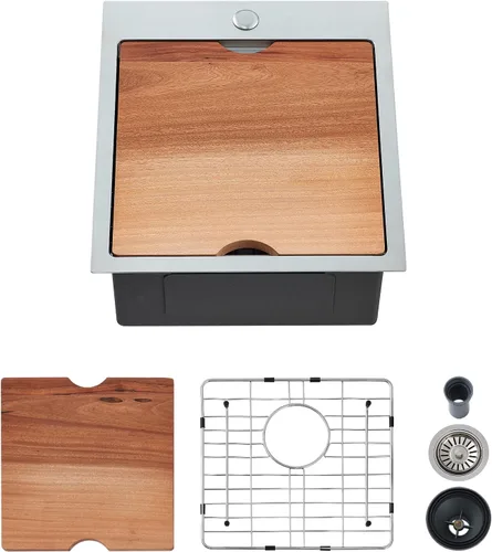 Miniatura 19 de Fregadero de cocina con plato individual con tabla de cortar, 30 x 22 x 10 pulgadas, color negro plomizo, acero inoxidable calibre 16 Negro