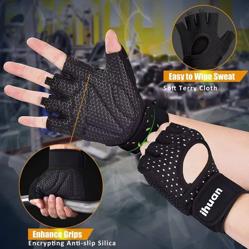 Miniatura 5 de ihuan Guantes transpirables para levantamiento de pesas: soporte de muñeca para ejercicio sin dedos Mejora la protección de la palma Agarre Negro