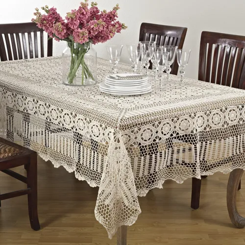 Miniatura 8 de Fennco Styles Cluny Collection Mantel de algodón con encaje de ganchillo hecho a mano, cuadrado de 30 pulgadas, mantel color crudo para bodas