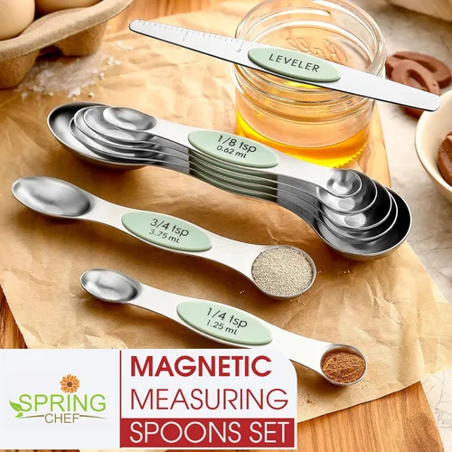 Miniatura 7 de Spring Chef Juego de 8 cucharas magnéticas de medición de acero inoxidable con nivelador, juego de cucharaditas y cucharas de mesa de doble cara