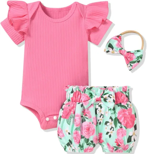 Aalizzwell Traje de verano con pantalón corto y acanalado para bebé niña