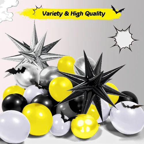 Miniatura 5 de Kit de arco de guirnalda de 133 piezas de globos negros, amarillos y plateados, arco de globos con tema de murciélago para hombre con globos