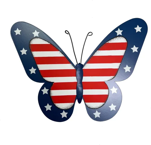 SAGUZOU Letreros rústicos colgantes de metal con bandera americana patriótica de mariposa para puerta y patio, 4 de julio, blanco, azul, rojo, Día